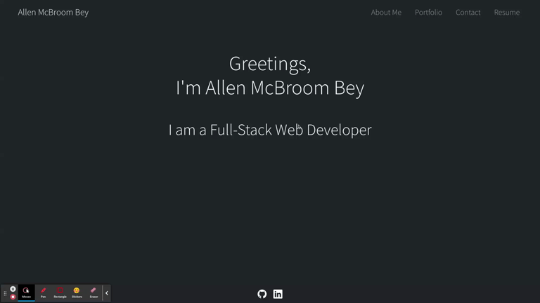 The webpage includes a navigation bar, an introduction section, images linking to several projects, and contact information at the bottom of the page.